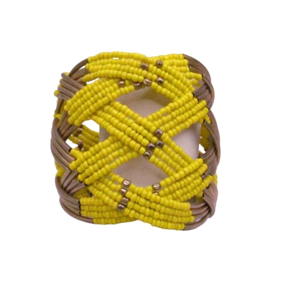 Vintage Wide Yellow Glass Beaded Criss Cross Weave Cuff Bracelet